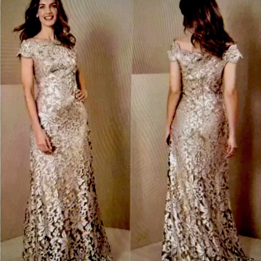 Anthropologie Tadashi Shoji Odette Off Shoulder Sequenced Champagne Gown Sz 8